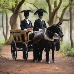 Dois homens de sobretudo preto em uma carruagem, numa floresta escura e cheia de vagalumes