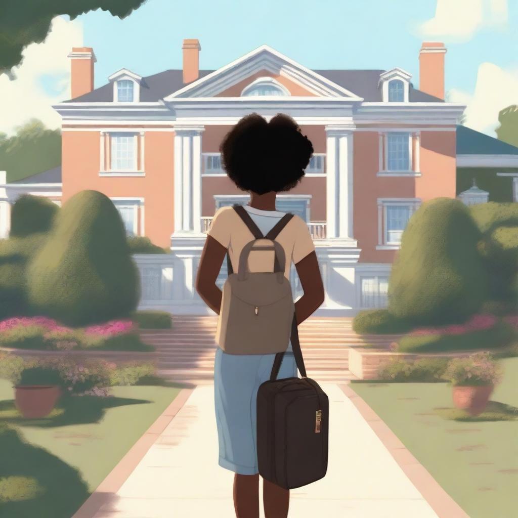 A young black girl stands facing a grand mansion, dragging a suitcase in her right hand