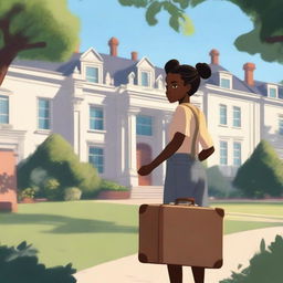 A young black girl stands facing a grand mansion, dragging a suitcase in her right hand