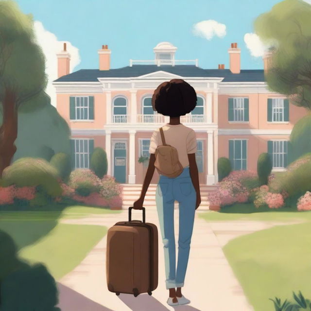 A young black girl stands facing a grand mansion, dragging a suitcase in her right hand