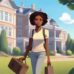 A young black girl stands facing a grand mansion, dragging a suitcase in her right hand