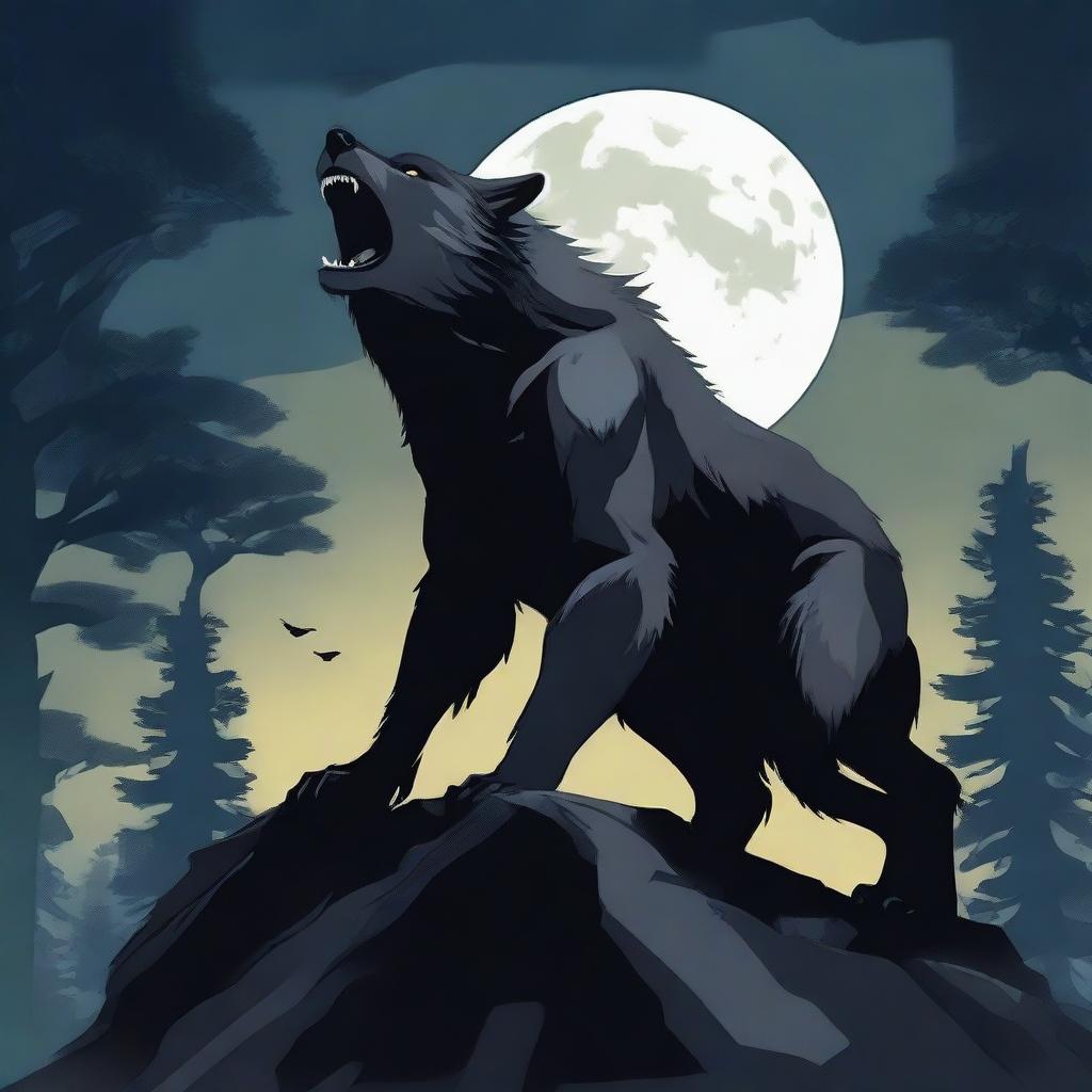 A fierce werewolf standing on a rocky cliff under a full moon, howling into the night sky