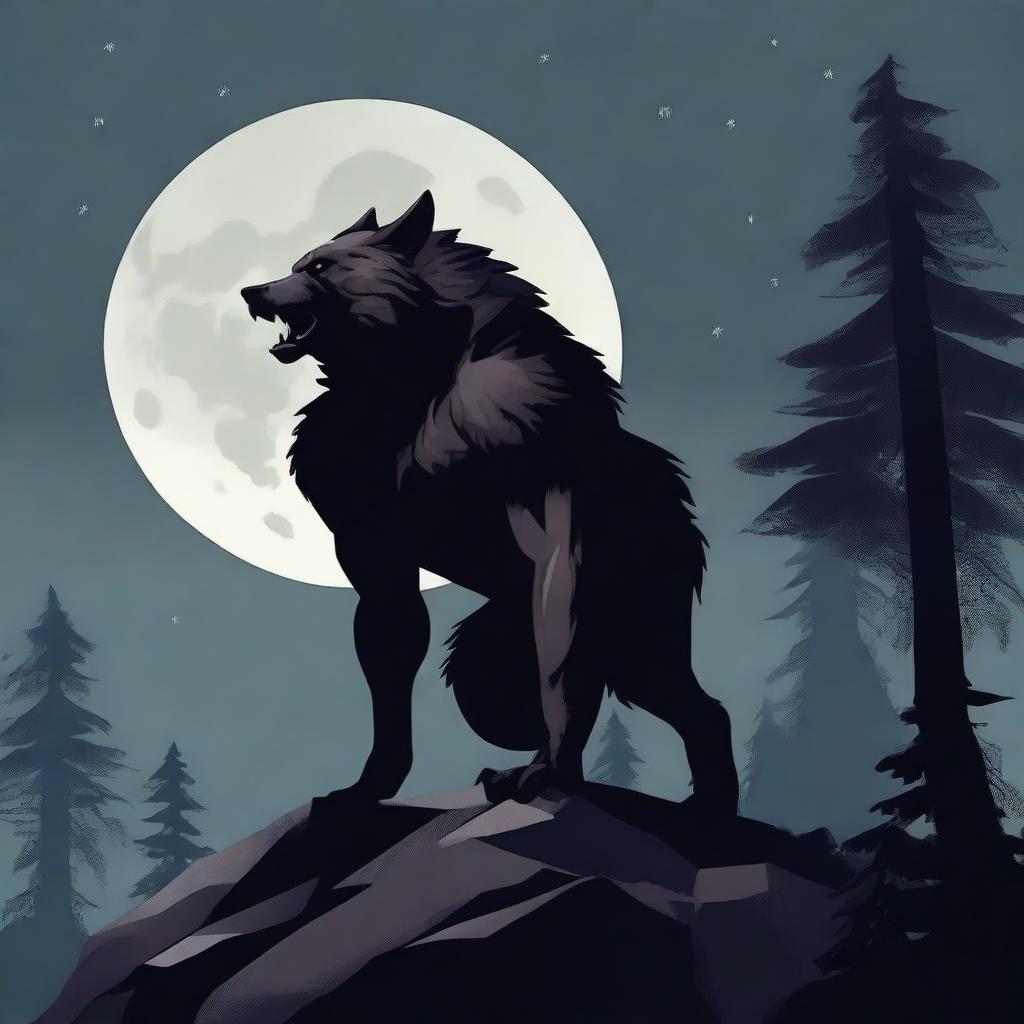 A fierce werewolf standing on a rocky cliff under a full moon, howling into the night sky