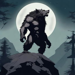 A fierce werewolf standing on a rocky cliff under a full moon, howling into the night sky