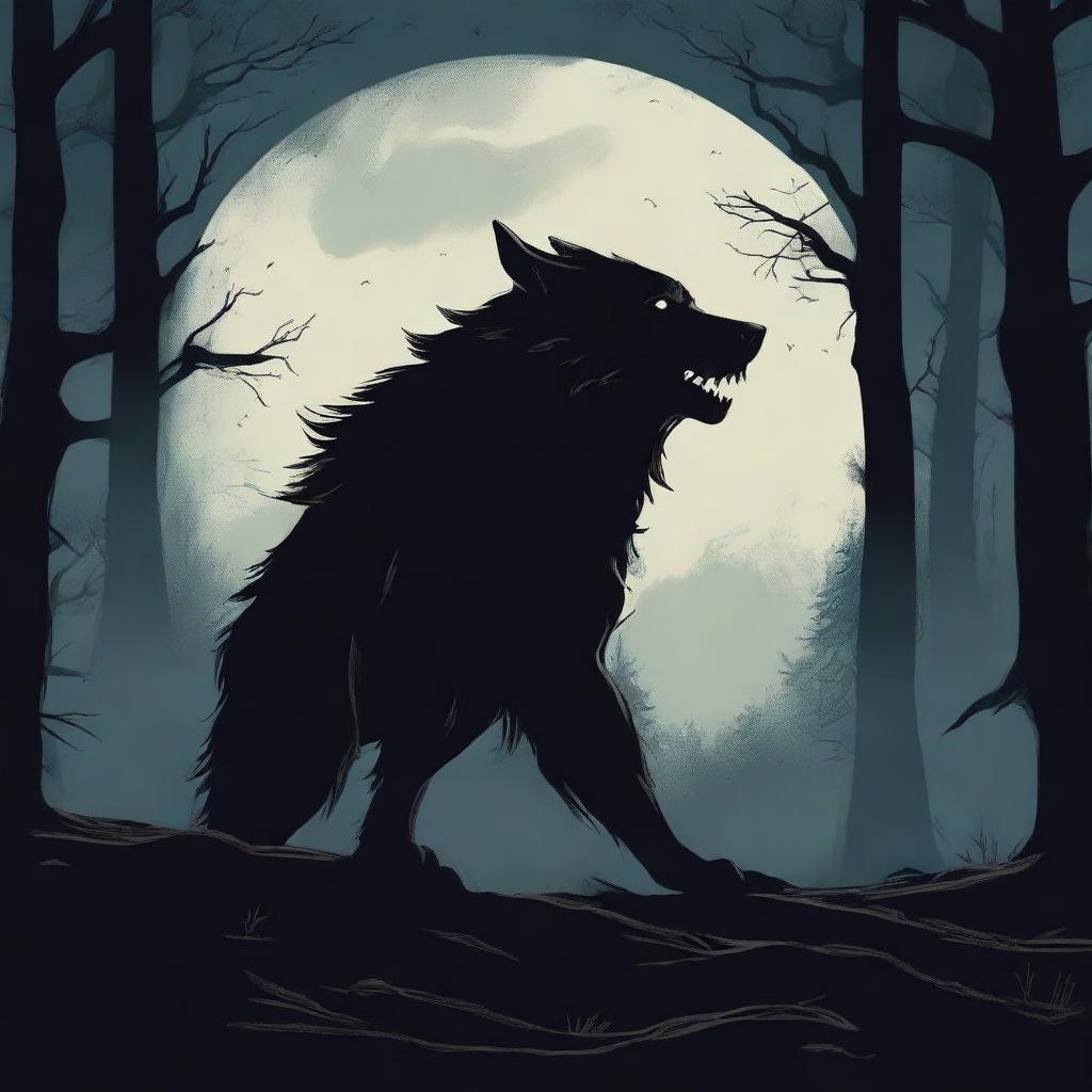 A dramatic scene featuring a werewolf howling at the moon in a dense, dark forest