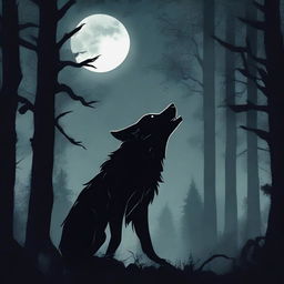 A dramatic scene featuring a werewolf howling at the moon in a dense, dark forest