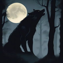 A dramatic scene featuring a werewolf howling at the moon in a dense, dark forest