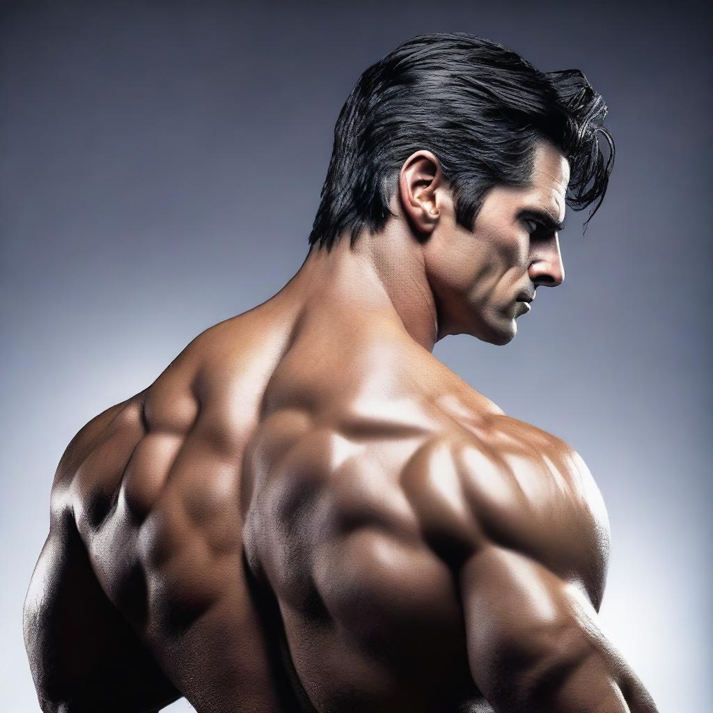 A muscular dark-haired man facing away and looking over his shoulder