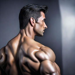 A muscular dark-haired man facing away and looking over his shoulder