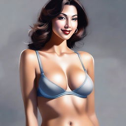 A realistic digital painting of a woman wearing a sexy bra that accentuates her cleavage