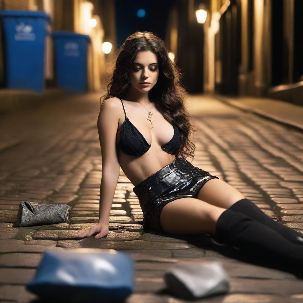 A stunning brunette model with very long wavy hair, eyes closed, lying down on the ground in a dirty cobblestone alley in London at night