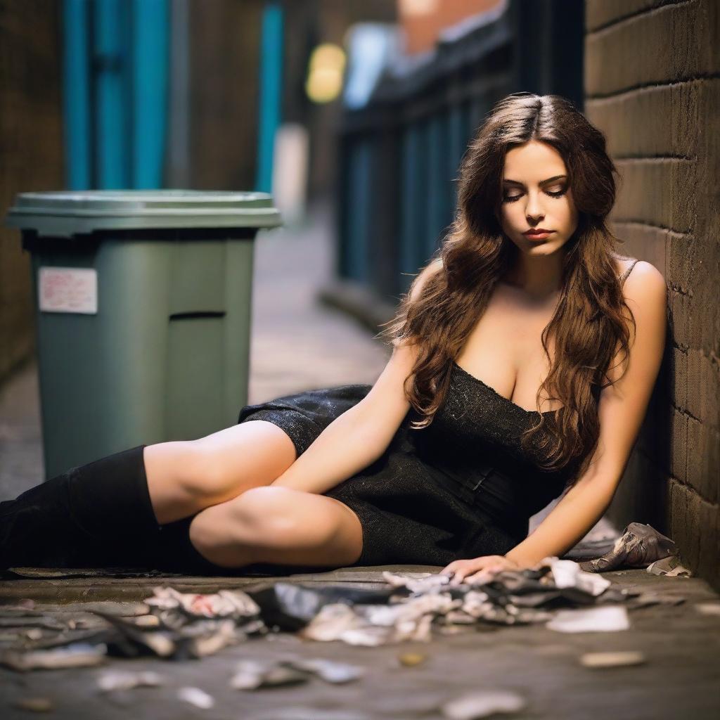 A stunning brunette model with very long wavy hair, eyes closed, lying down on the ground in a dirty cobblestone alley in London at night