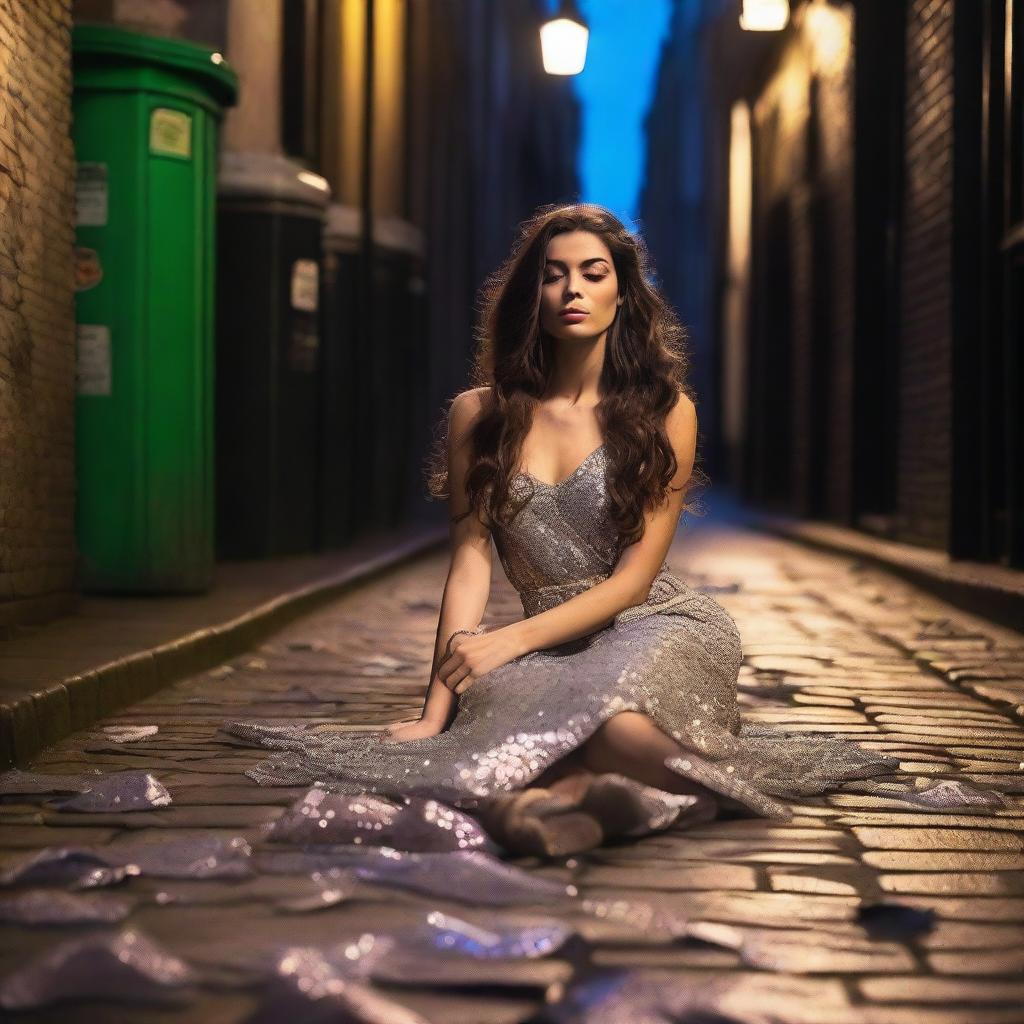 A stunning brunette model with very long wavy hair, eyes closed, lying down on the ground in a dirty cobblestone alley in London at night