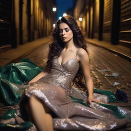 A stunning brunette model with very long wavy hair, eyes closed, lying down on the ground in a dirty cobblestone alley in London at night