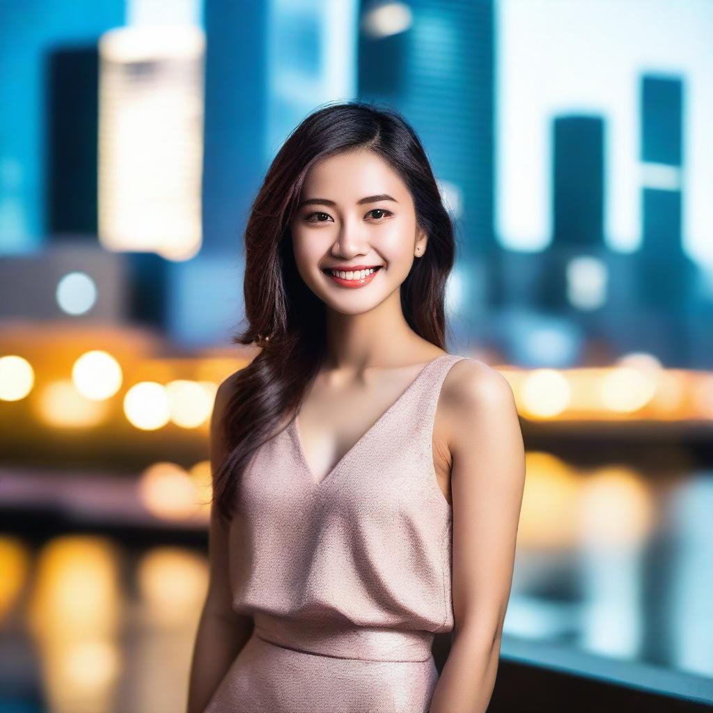 A beautiful Asian woman with a captivating smile, wearing stylish modern clothing