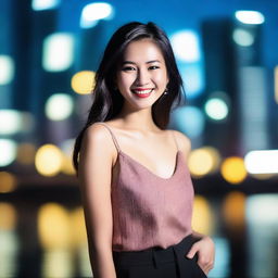 A beautiful Asian woman with a captivating smile, wearing stylish modern clothing