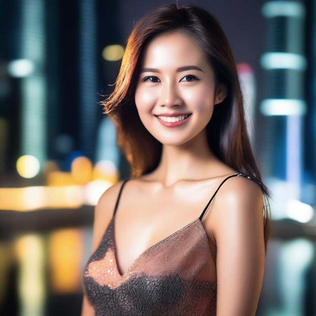 A beautiful Asian woman with a captivating smile, wearing stylish modern clothing