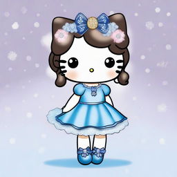 Hello Kitty wearing a short, pretty, sparkly blue dress