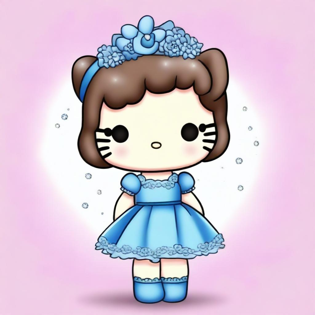 Hello Kitty wearing a short, pretty, sparkly blue dress