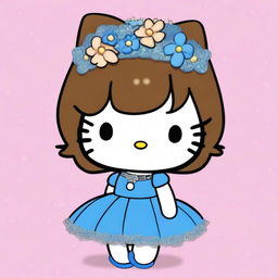 Hello Kitty wearing a short, pretty, sparkly blue dress