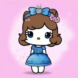 Hello Kitty in a short, pretty sparkly blue dress, with a brown hair beehive hairstyle