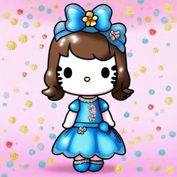 Hello Kitty in a short, pretty sparkly blue dress, with a brown hair beehive hairstyle