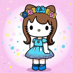 Hello Kitty in a short, pretty sparkly blue dress, with a brown hair beehive hairstyle