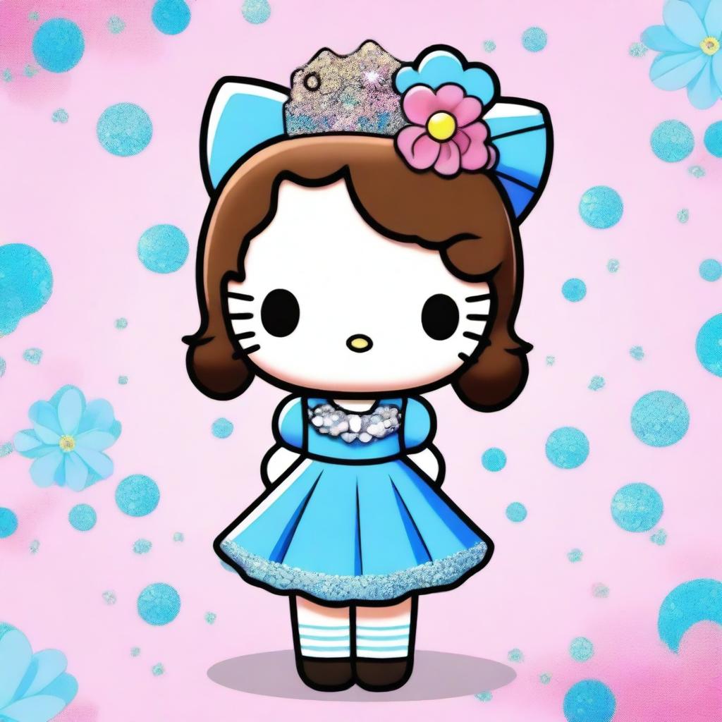 Hello Kitty in a short, pretty sparkly blue dress, with a brown hair beehive hairstyle