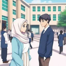 A high school love story scene featuring a girl wearing a blue and white dress and a hijab, and a handsome boy