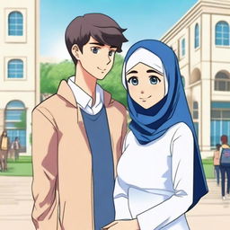 A high school love story scene featuring a girl wearing a blue and white dress and a hijab, and a handsome boy