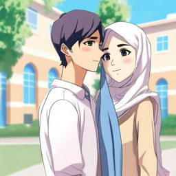 A high school love story scene featuring a girl wearing a blue and white dress and a hijab, and a handsome boy