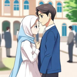 A high school love story scene featuring a girl wearing a blue and white dress and a hijab, and a handsome boy