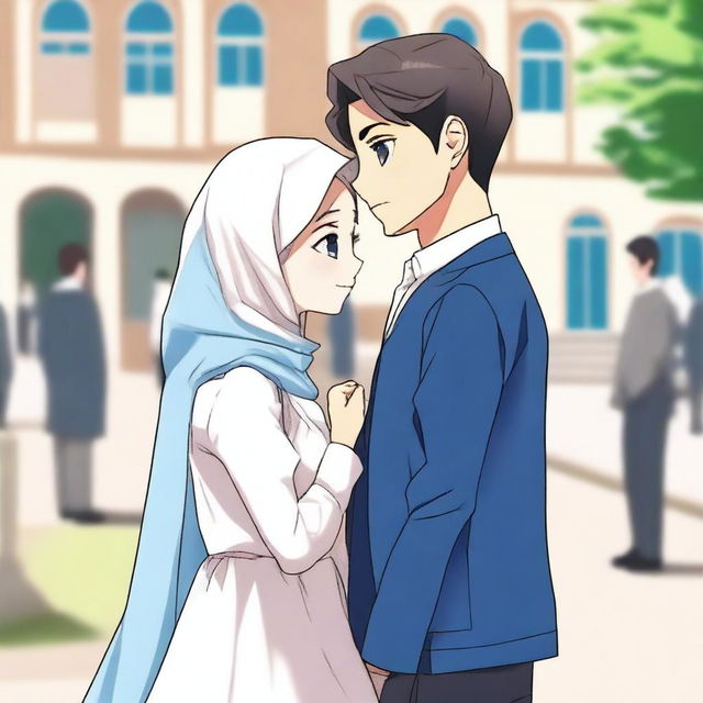 A high school love story scene featuring a girl wearing a blue and white dress and a hijab, and a handsome boy