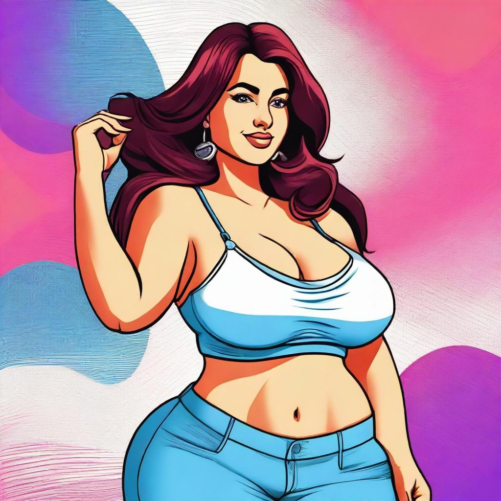 A beautiful Argentinian woman with a curvy body, featuring thick thighs and a big chest