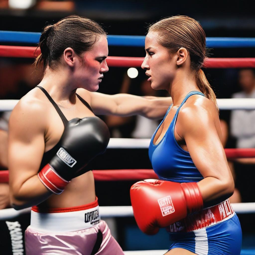 Two angry female boxers in bikinis hugging each other in a boxing ring