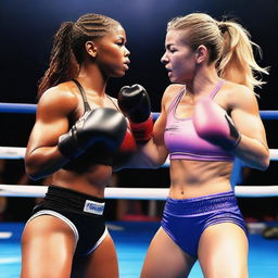 Two angry female boxers in bikinis hugging each other in a boxing ring