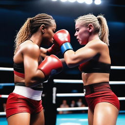 Two angry female boxers in bikinis hugging each other in a boxing ring