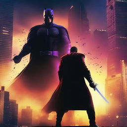 Create a visually stunning film poster featuring a dramatic scene with a hero and a villain in an epic confrontation