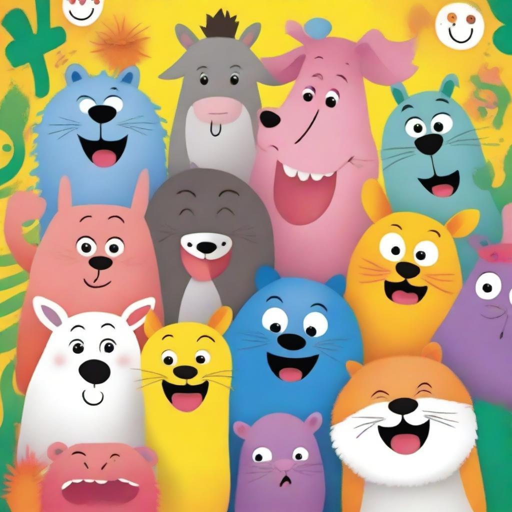 A group of happy animals with funny faces on a cover