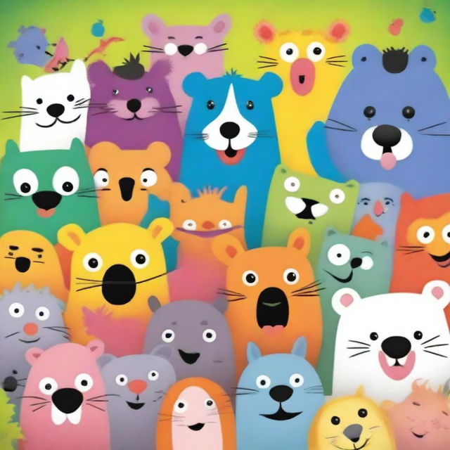 A group of happy animals with funny faces on a cover