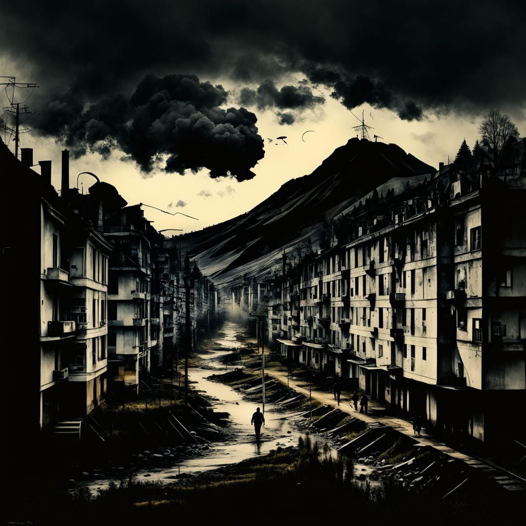 Create a dark, abstract image of a Romanian village or town during the Communist era, blending beauty and sorrow with fragmented, dreamlike elements and a moody, surreal atmosphere