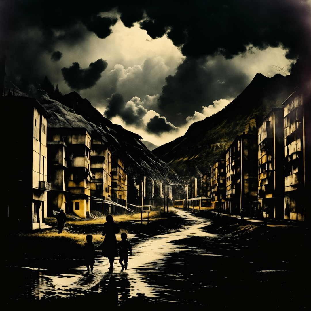 Create a dark, abstract image of a Romanian village or town during the Communist era, blending beauty and sorrow with fragmented, dreamlike elements and a moody, surreal atmosphere