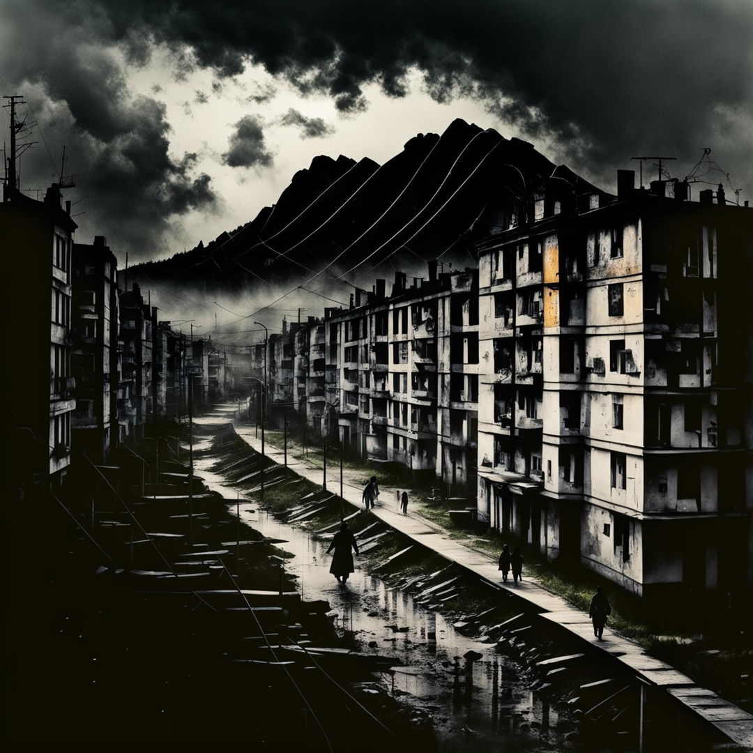 Create a dark, abstract image of a Romanian village or town during the Communist era, blending beauty and sorrow with fragmented, dreamlike elements and a moody, surreal atmosphere