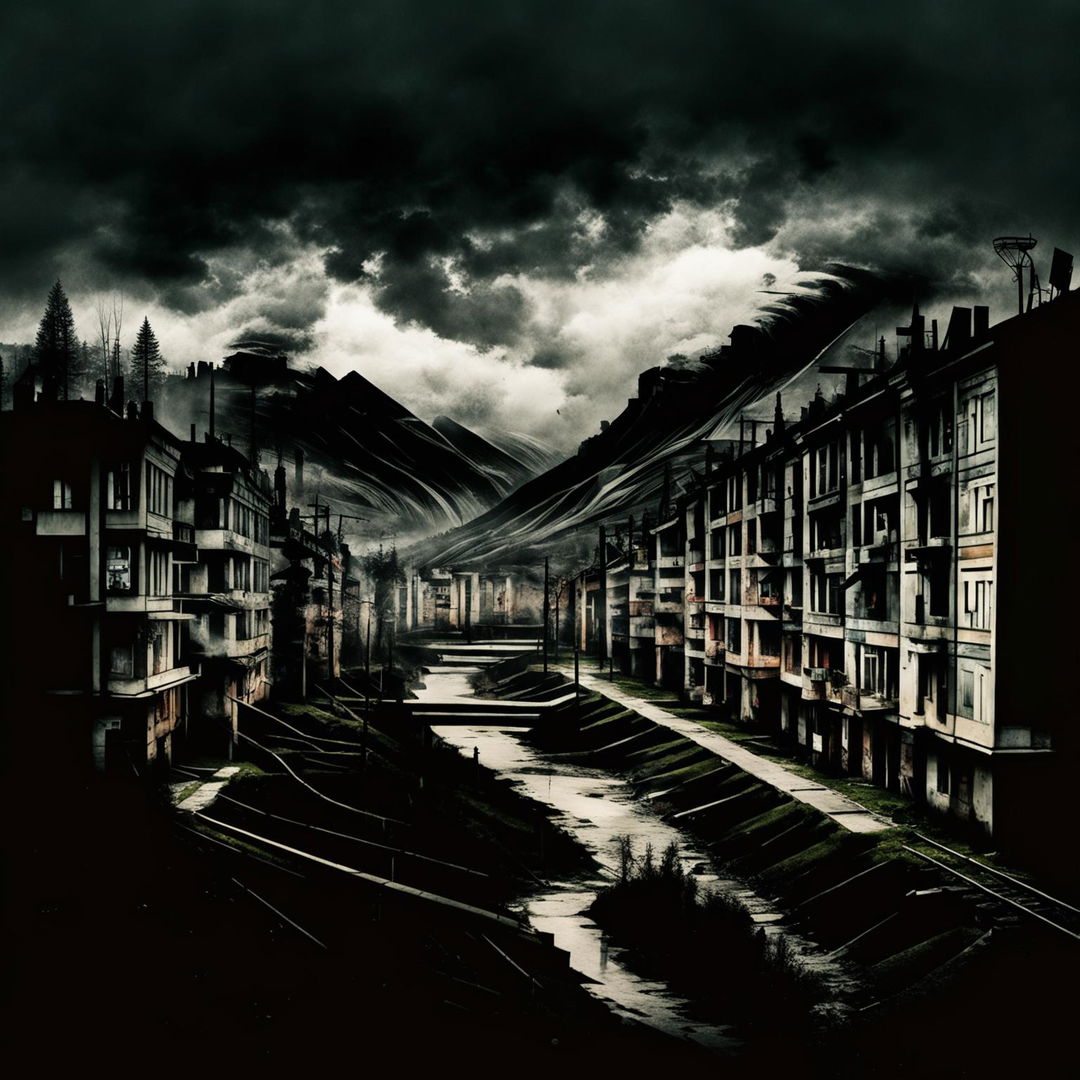 Create a dark, abstract image of a Romanian village or town during the Communist era, blending beauty and sorrow with fragmented, dreamlike elements and a moody, surreal atmosphere