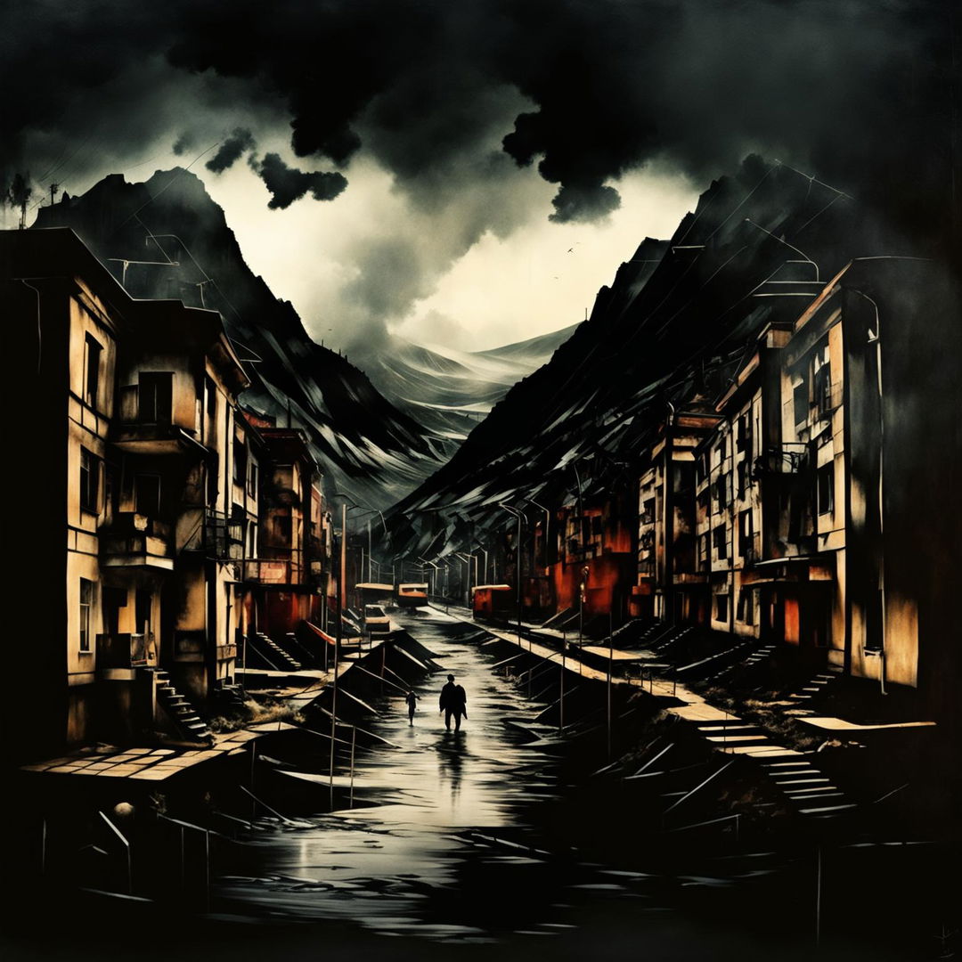 Create a dark, abstract image of a Romanian village or town during the Communist era, blending beauty and sorrow with fragmented, dreamlike elements and a moody, surreal atmosphere