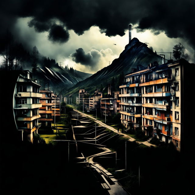 Create a dark, abstract image of a Romanian village or town during the Communist era, blending beauty and sorrow with fragmented, dreamlike elements and a moody, surreal atmosphere