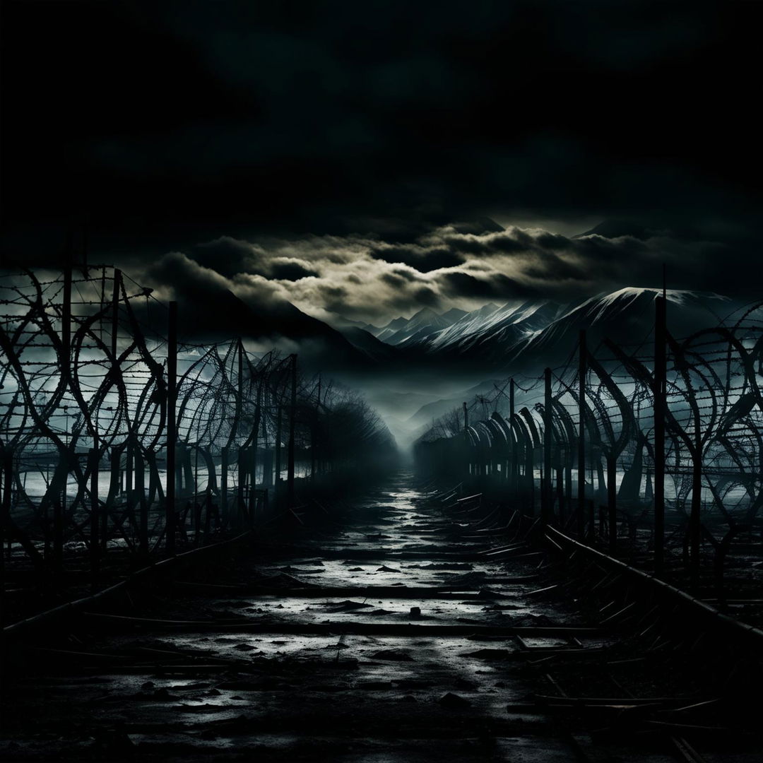 Create a dark, abstract image of the border of Communist Romania, featuring a barbed wire fence, guard towers, and a desolate landscape with a moody, surreal atmosphere