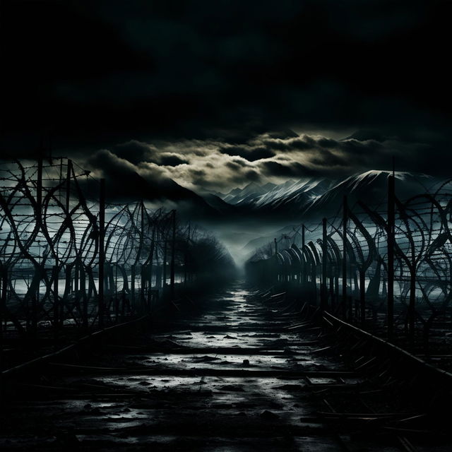 Create a dark, abstract image of the border of Communist Romania, featuring a barbed wire fence, guard towers, and a desolate landscape with a moody, surreal atmosphere