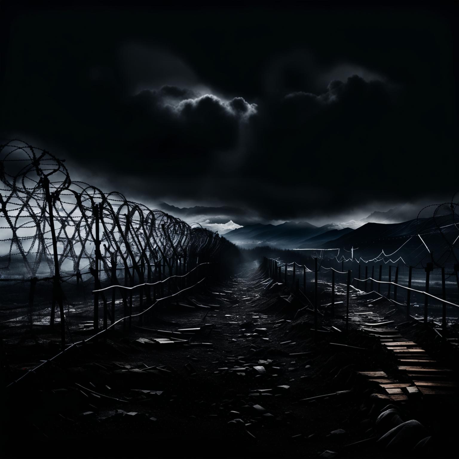Create a dark, abstract image of the Communist Romanian border, featuring a barbed wire fence, guard towers, and a desolate landscape with a moody, surreal atmosphere