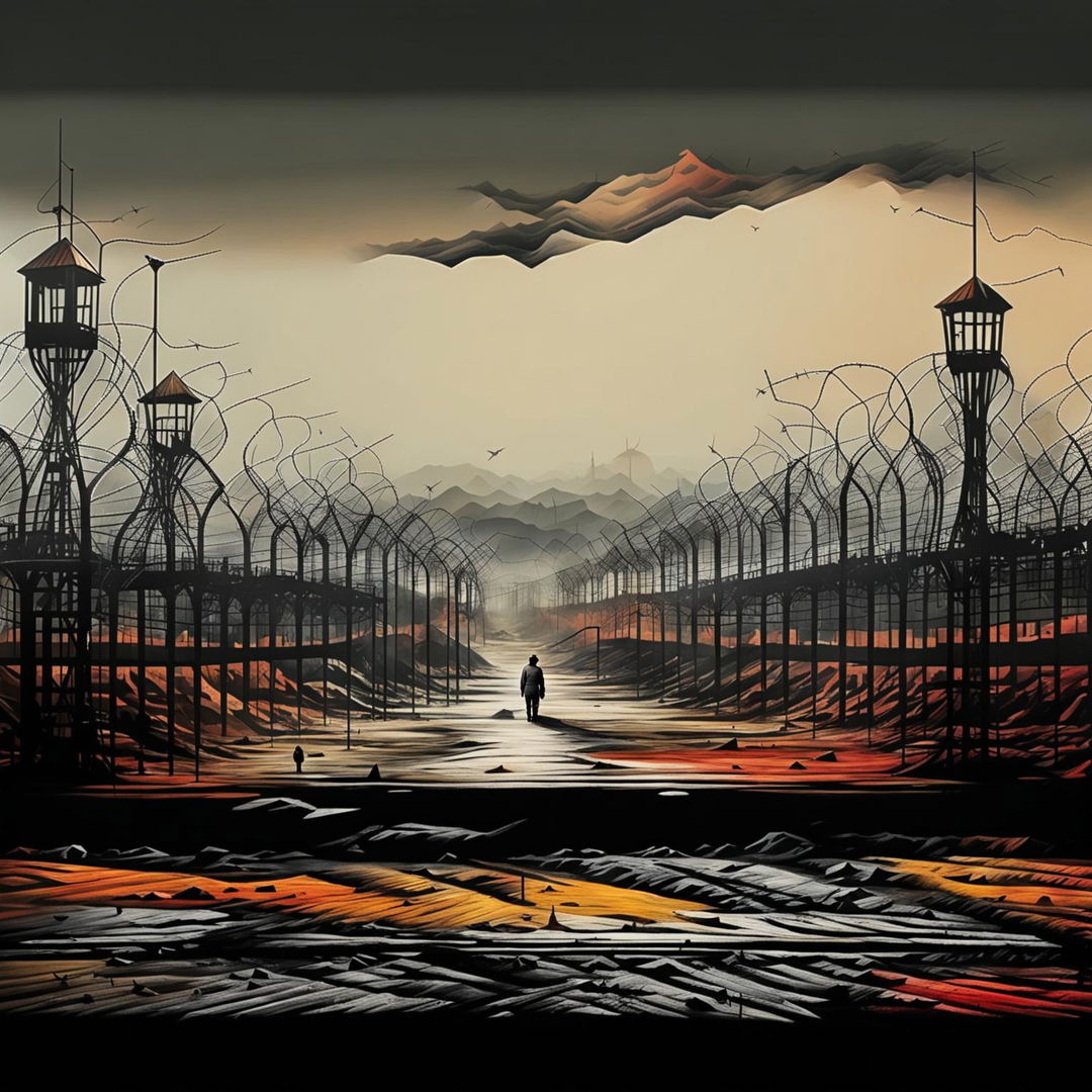 Create an abstract image of the border of Communist Romania, featuring a barbed wire fence, guard towers, and a fragmented landscape with a striking and surreal atmosphere